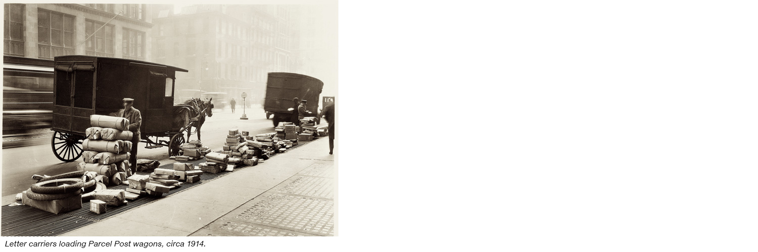 letter carriers loading parcel post wagons, circa 1914