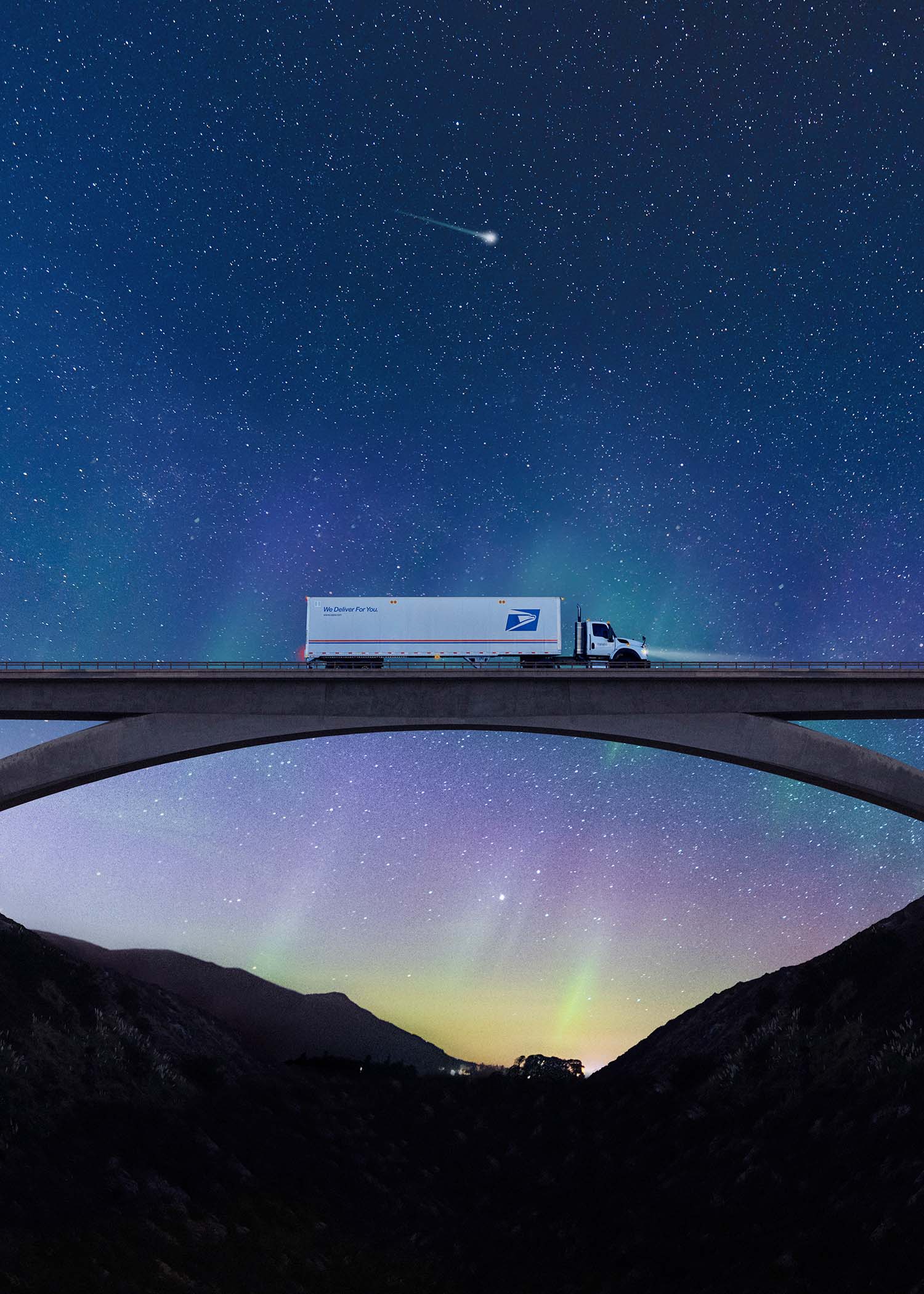 Postal Service Truck on a bridge with a starry magical night sky background