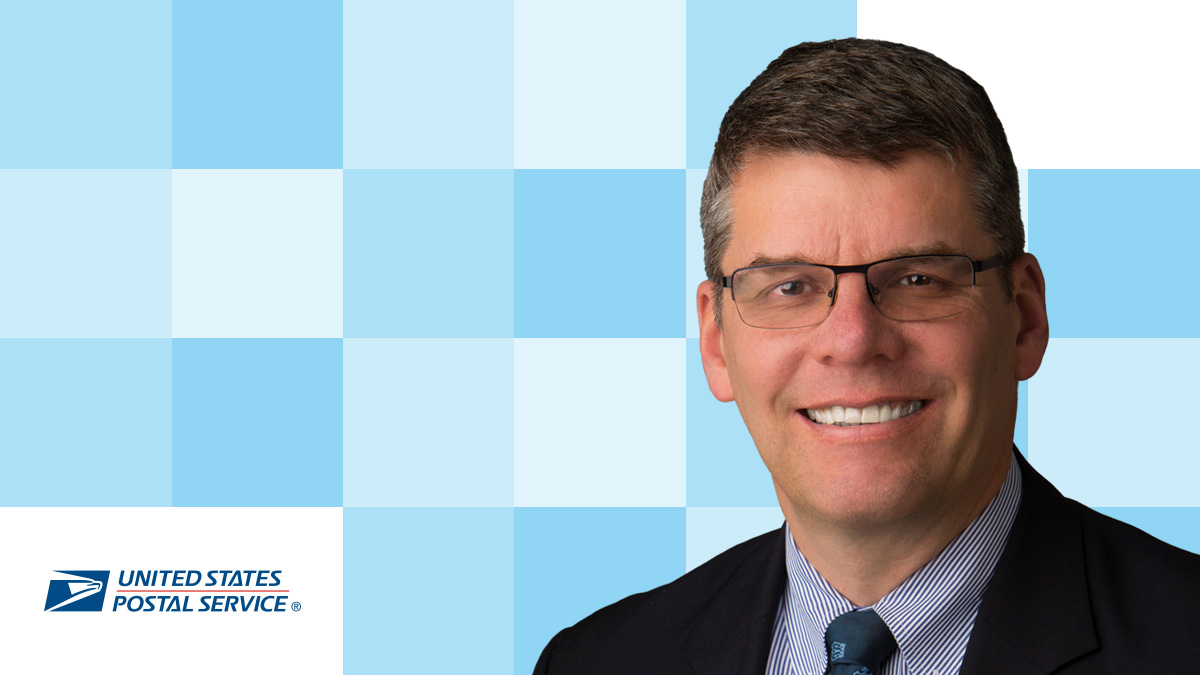 Photo of Steven W. Monteith Chief Customer and Marketing Officer and Executive Vice President USPS on a blue checkered background