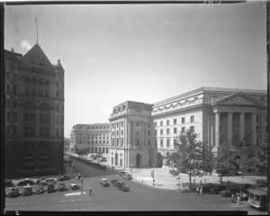 The design of the New Post Office Building at 1200 Pennsylvania Ave. NW, across the street from its predecessor, was inspired by the famous Place Vendôme in Paris. It served as postal headquarters from 1934 to 1973.